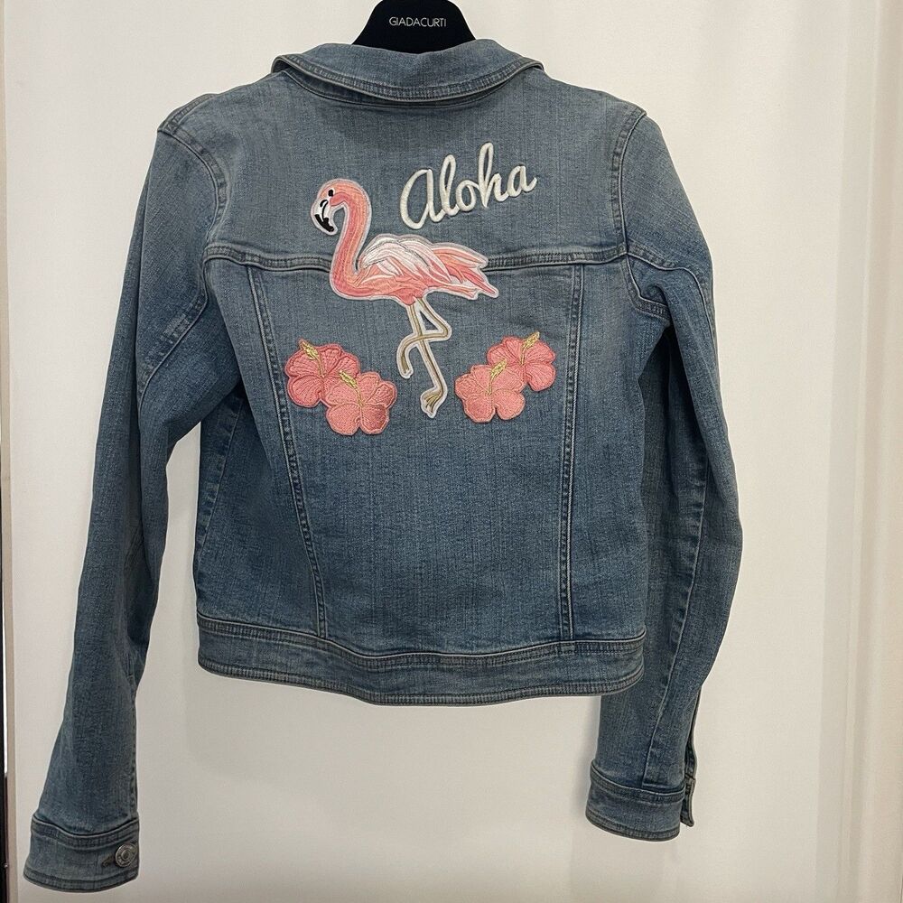 Denim Jean Stretch Jacket Embroidered Flamingo Aloha SZ S/M - Picture 3 of 11